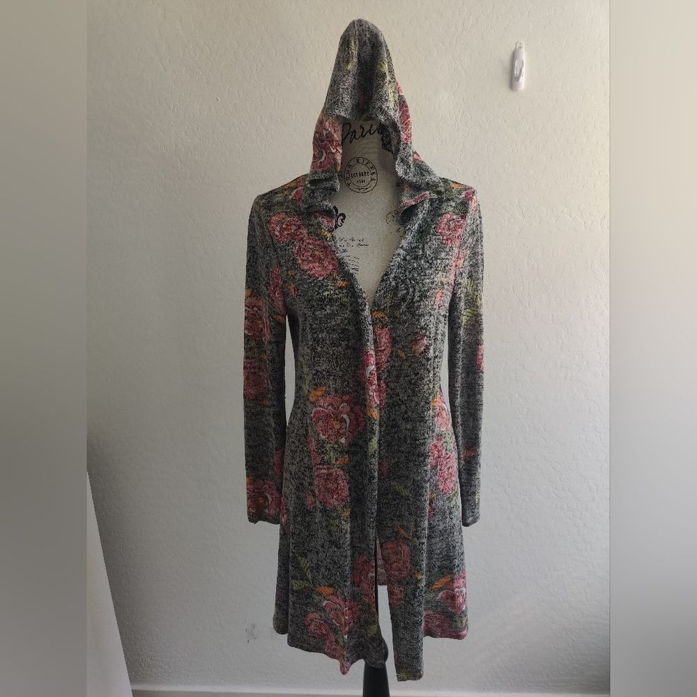 Unbranded Y2K gray & pink rose floral print distressed Long cardigan sweater_M/L